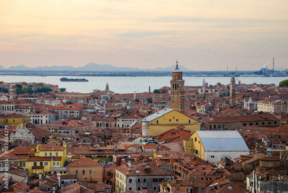 Rooftop view of Venice at nightfall from St Mark's Campanile