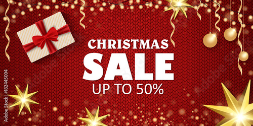 Christmas sale on a beautiful background. Christmas tree and toys  gifts. Vector illustration