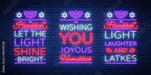 Happy Hanukkah, a greeting card collection in a neon style. Vector illustration. Neon luminous text on the subject of Chanukah. Bright banner, luminous festive sign. Jewish holiday