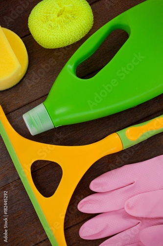 Cleaning equipment arranged on wooden floor