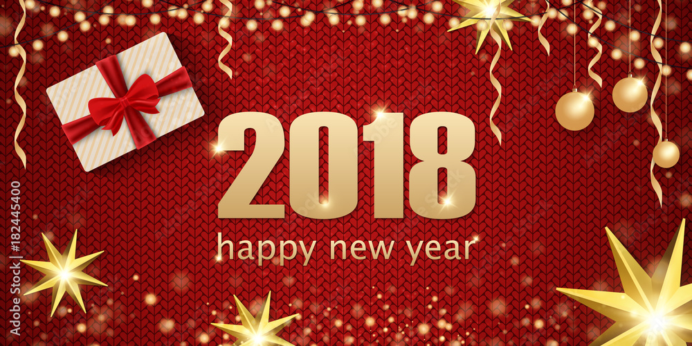 Naklejka premium Red background with the wishes of Merry Christmas and Happy New Year. Greeting card or banner template. Christmas toys and gifts. Vector illustration.