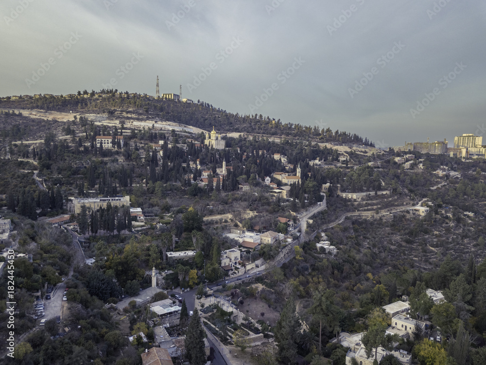Moscovia Gorny monastery church buildings golden, forest Ein Karem, Jerusalem israel Hadassah Medical Center landscape cityscape view holly religious places tourism.