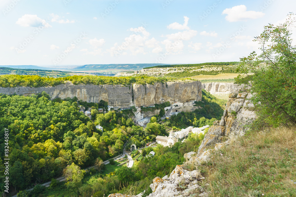 Landscape view from above on the natural boundary of Mariam-Dere, Holy assumption Orthodox cave monastery in the Crimean mountains. Bakhchisaray