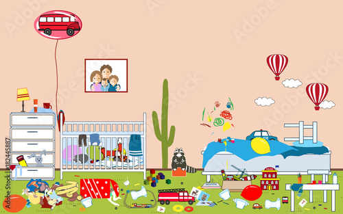 Kids untidy and messy room. Child scattered toys and clothing. Room where two little boys live. Mess in the house. Vector illustration
