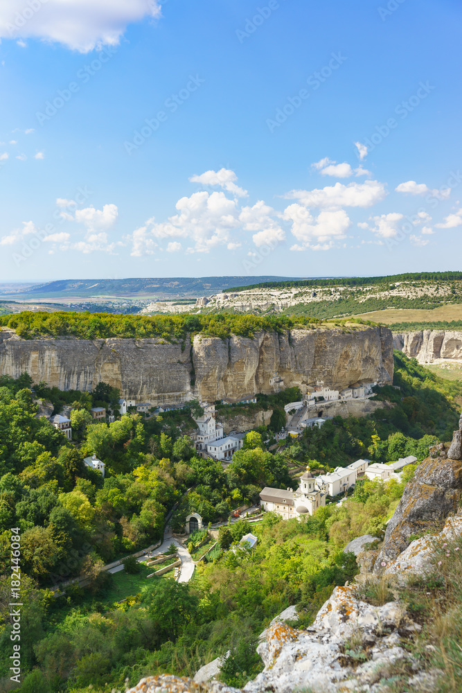 Landscape view from above on the natural boundary of Mariam-Dere, Holy assumption Orthodox cave monastery in the Crimean mountains near Bakhchisarai Landscape view from above on the natural boundary of Mariam-Dere, Holy assumption Orthodox cave monastery in the Crimean mountains near Bakhchisarai