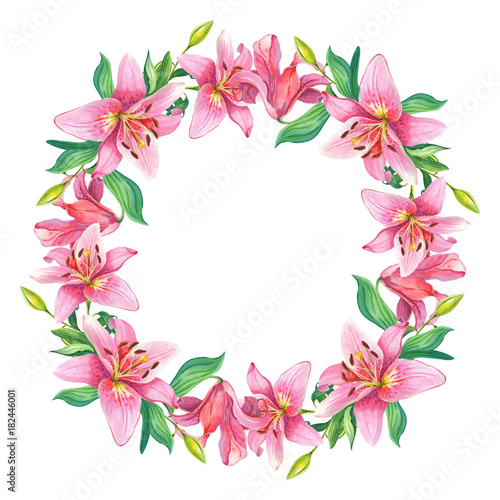 Pink lilies.Floral Watercolor flowers wreath © lyubovyaya