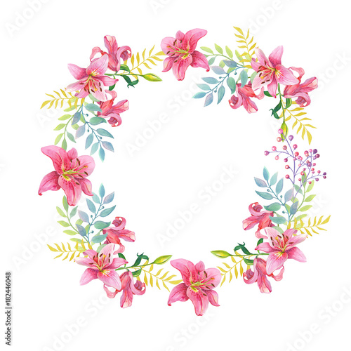 Pink lilies.Floral Watercolor flowers wreath