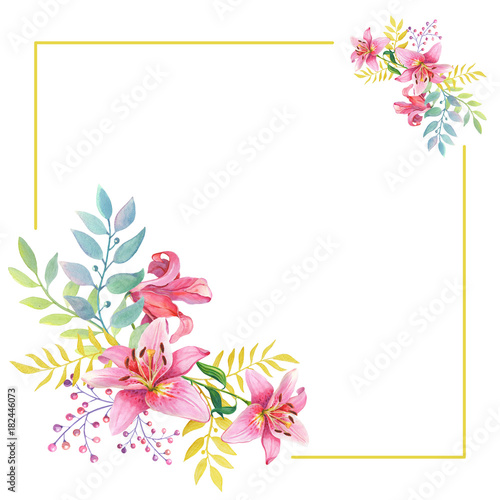 Pink lilies.Floral Watercolor flowers wreath