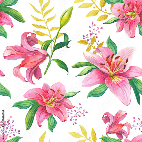 Pink Lilies.Watercolor Seamless pattern