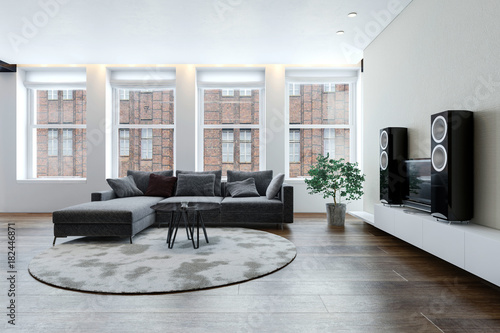 Spacious living room with sofa and hi-fi system photo