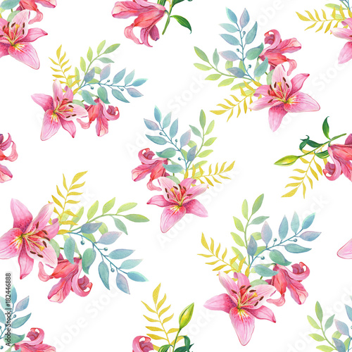 Pink Lilies.Watercolor Seamless pattern