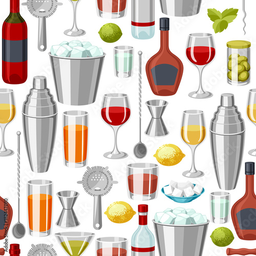 Cocktail bar seamless pattern. Essential tools, glassware, mixers and garnishes.