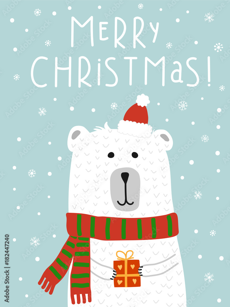 Plakat Hand drawn Christmas greeting card with bear and gift. Lettering text Merry Christmas