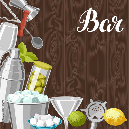 Cocktail bar background. Essential tools, glassware, mixers and garnishes.