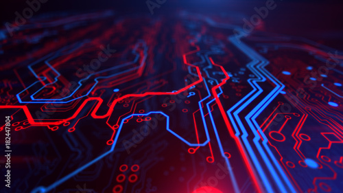 Technology Terminal Background. Digital red blue backdrop. Printed circuit board. Technology wallpaper. 3D illustration. Circuit board futuristic server code processing.