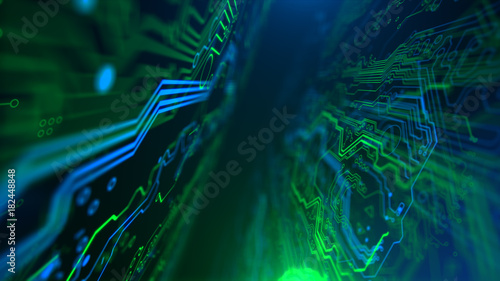 Abstract Technology background Circuit board futuristic server code processing PCB, Code, HTML Blue, green background with digital integrated network technology Printed circuit board