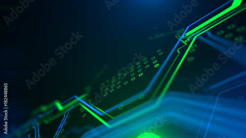 Abstract Technology background Circuit board futuristic server code processing PCB, Code, HTML Blue, green background with digital integrated network technology Printed circuit board