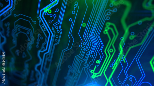 Abstract Technology background Circuit board futuristic server code processing PCB, Code, HTML Blue, green background with digital integrated network technology Printed circuit board