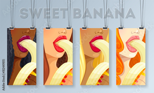 Set of poster with different sexy brown-haired, brunette, blonde and red-haired woman with banana in mouth. Vector illustration