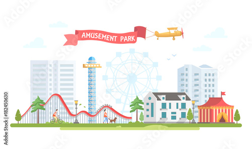 City with amusement park - modern flat design style vector illustration