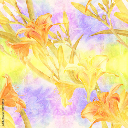 Fototapeta Naklejka Na Ścianę i Meble -  Flowers, buds and leaves of a yellow lily. Watercolor. Floral motifs. Seamless pattern. Use printed materials, signs, items, websites, maps, posters, postcards, packaging.