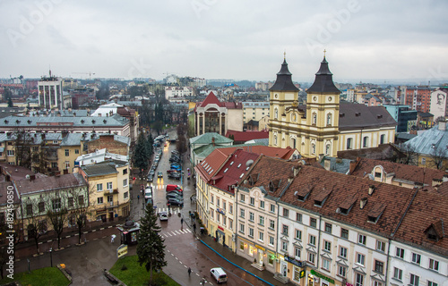 Ivano-Frankivsk / Ukraine - November 26 2017: View of city center and city hall tower of western ukrainian city Ivano-Frankivsk