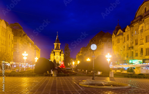 Lighted Victoriei Square and Orthodox Cathedral, Timisoara