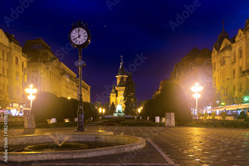 Victoriei Square with Orthodox Cathedral at night, Timisoara