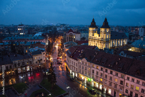 Panorama of the small European city of Ivano-Frankivsk in western Ukraine, city center at night time