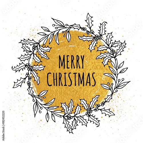 Christmas card template with hand sketched wreath and golden background