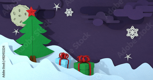 Papercut christmas tree greeting card. Paper craft christmas background. Cutout winter christmas landscape. 3D illustration