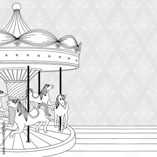 Hand drawn black and white illustration of a carousel with horses, coloring book page