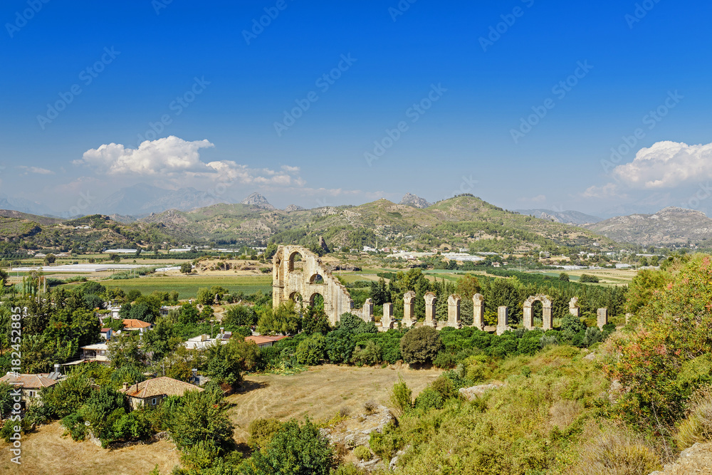 Aerial panoramic view of the Roman aqueduct that served the ancient city of Aspendos, Turkey