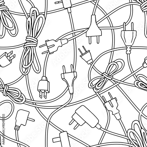 Seamless pattern of various electric plugs and power cords