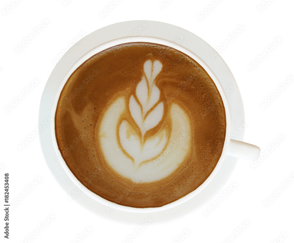 Top view of hot coffee latte cappuccino cup with latte art milk foam isolated on white background, clipping path included. Top view of hot coffee latte cappuccino cup with latte art milk foam isolated on white background, clipping path included.