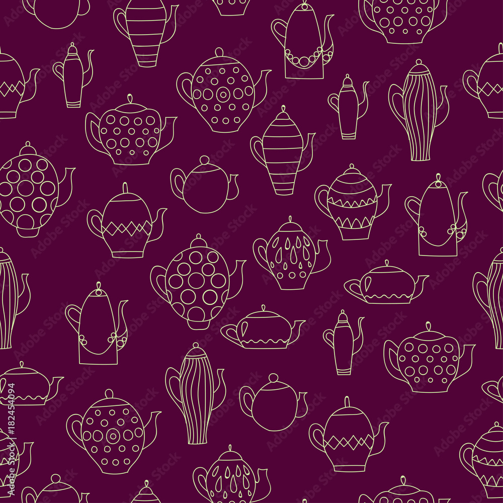 tea pots seamless pattern on a purple background