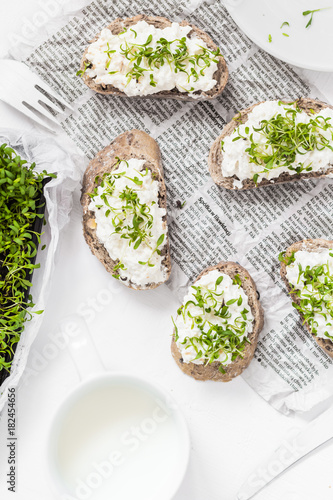 Healthy breakfast sandwiches white cream cheese croissants milk