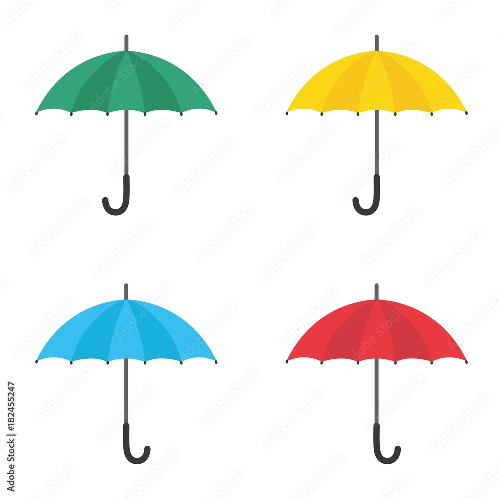 Set of umbrellas. Yellow, green, red and blue umbrellas. Vector flat icon
