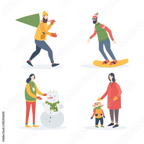 Winter holidays outdoor activities. Young man carries Christmas tree, woman with child, girl sculpts snowman, snowboarder. Vector illustration.