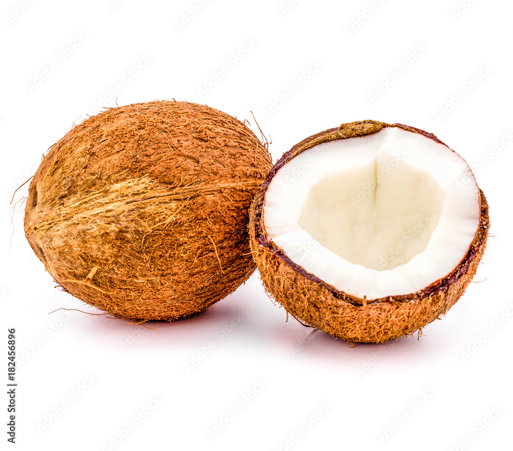 close up of whole and broken coconut fruit isolated on white background. product or package design element close up of whole and broken coconut fruit isolated on white background. product or package design element