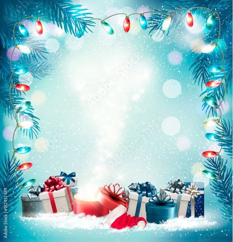 Christmas holiday background with gift boxes and magic box. Vector.