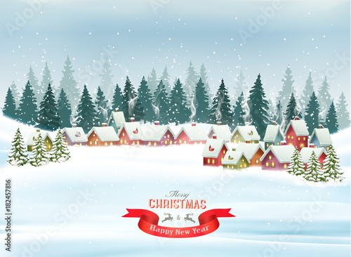 Holiday Christmas background with a village and  trees. Vector.