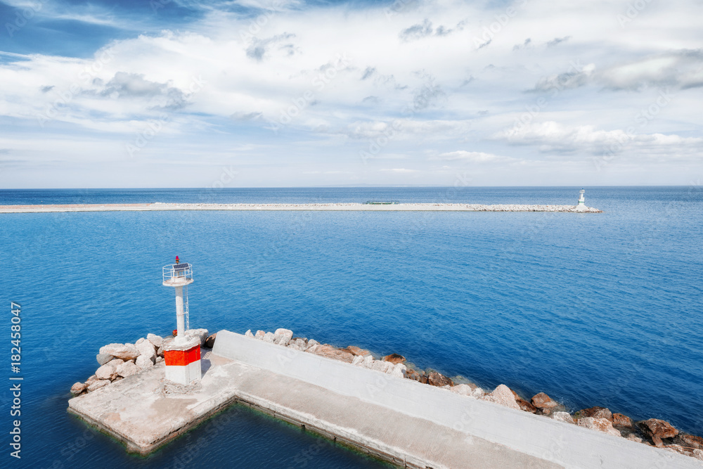 Seascape scenery with Lighthouse. Blue color tone photo. Greece, Zante island (Zakinthos)
