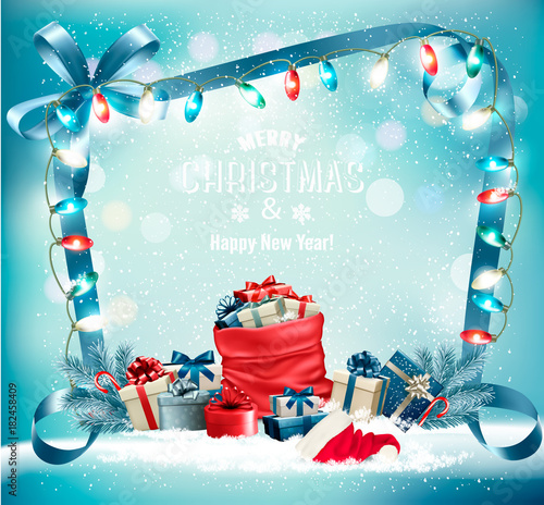 Holiday Christmas background with a sack full of gift boxes and garland. Vector.