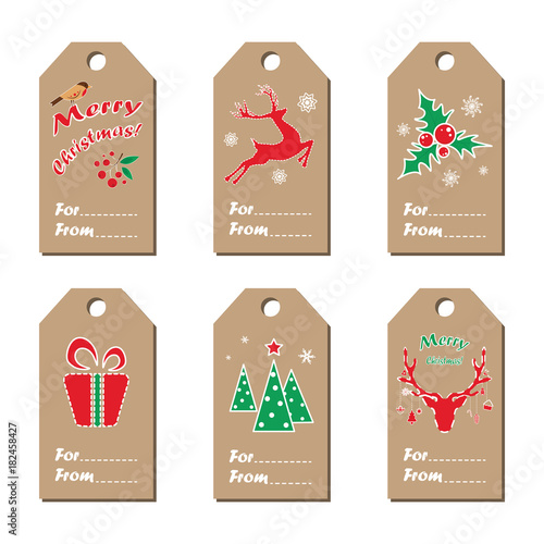 New Year tags. Collection of kraft-paper tags with New Year's symbols. Vector illustration in english photo