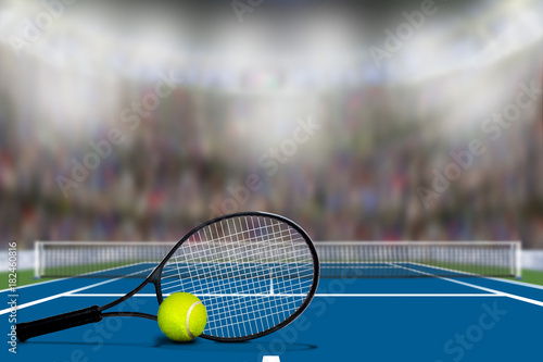 Tennis Racket and Ball on Hard Court With Copy Space