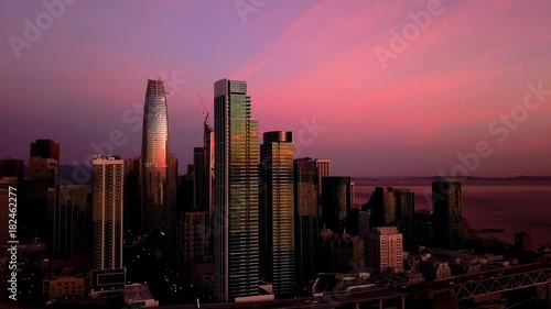 San Francisco skyline, wide sunset aerial
