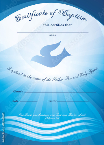 Certificate baptism template. With waves of water and dove