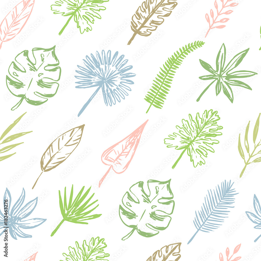 Seamless pattern of tropical leaves.