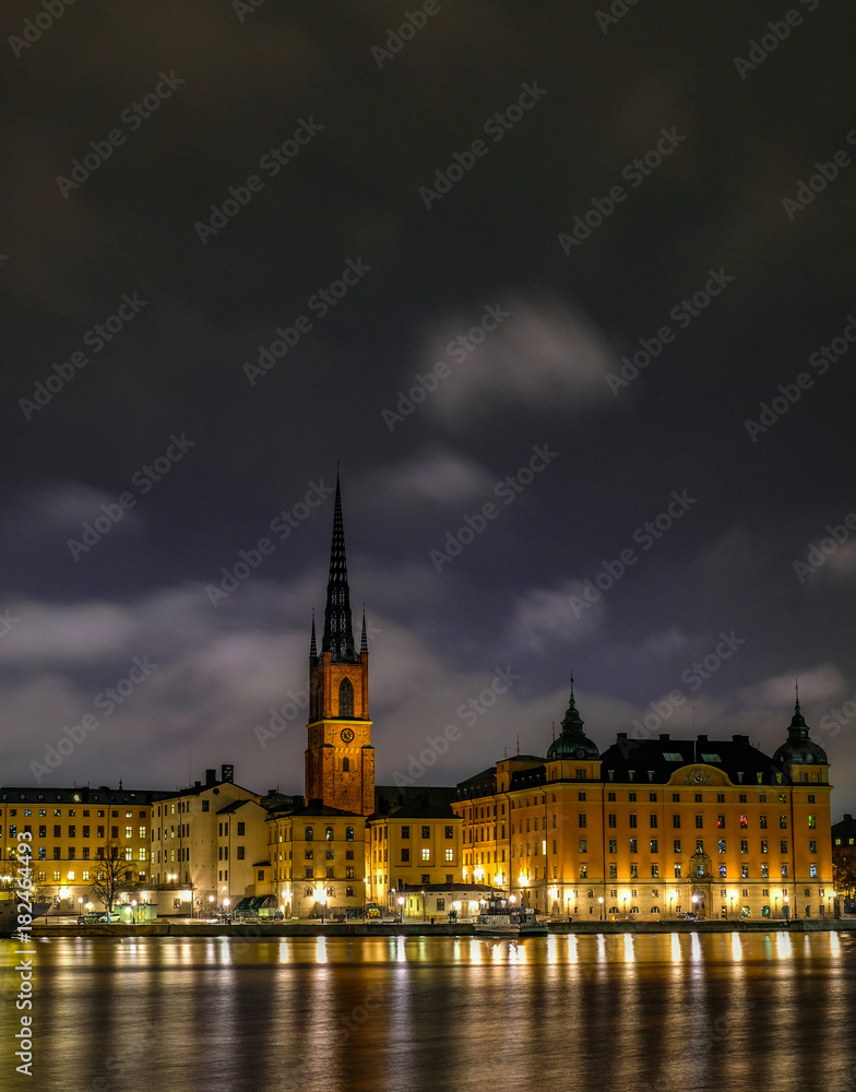 Island of Riddarholmen at night, Stockholm Sweden